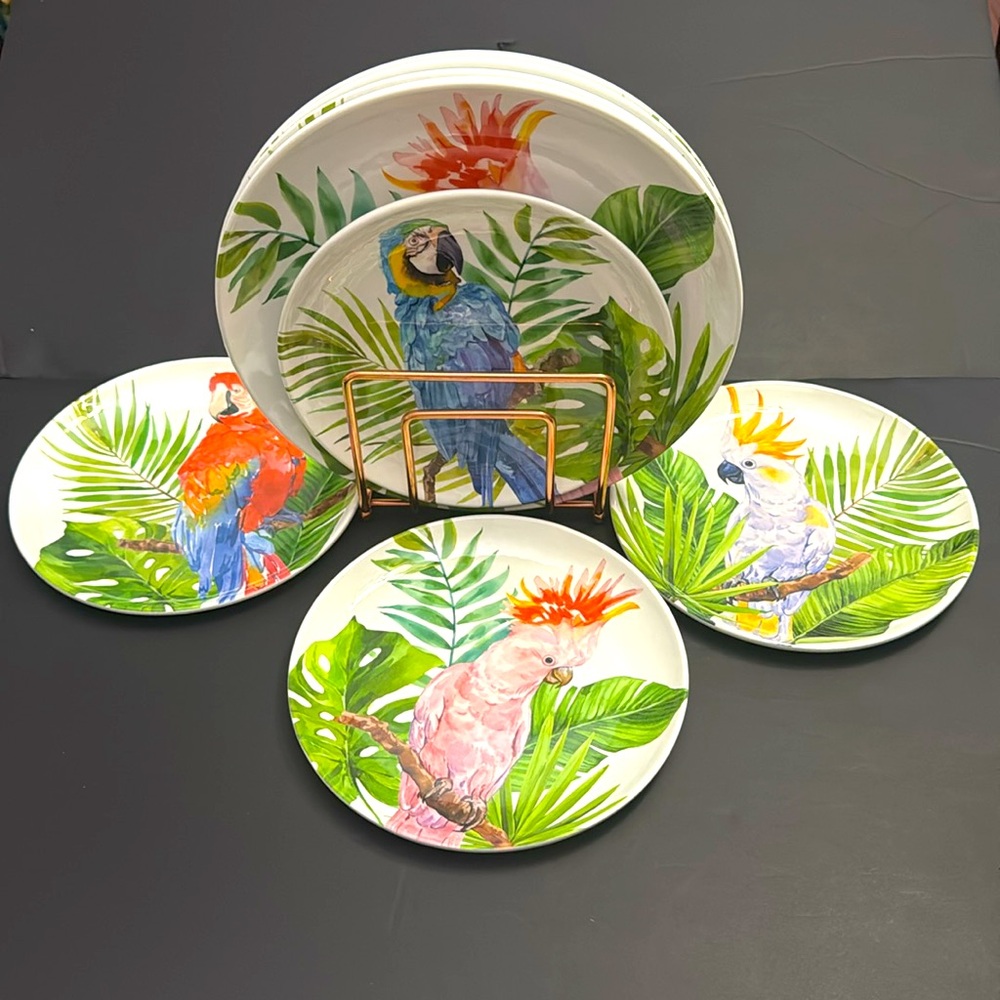 8pc TOMMY BAHAMA Tropical Parrot Decorative Plates Set - 100% Melamine